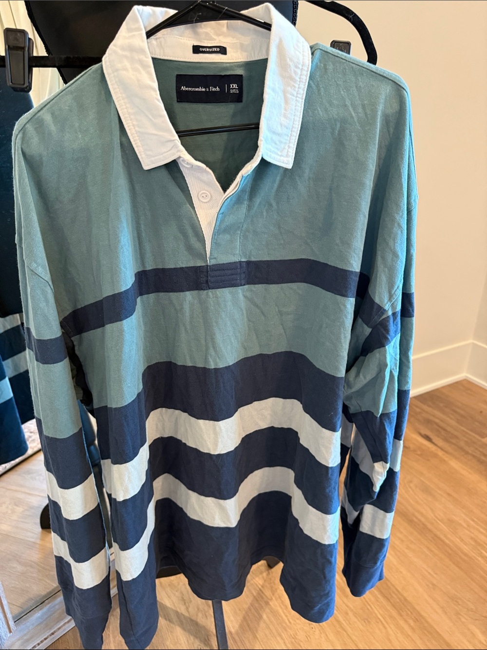Abercrombie & Fitch Men's Teal and Navy Striped Rugby Polo